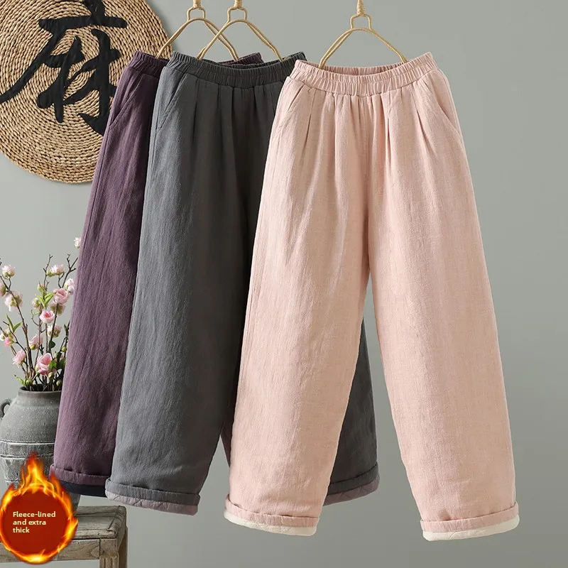 عارضة القطن الكتان مستقيم الساق السراويل رقيقة الدافئة التخسيس ملابس خارجية المرأة واسعة الساق السراويل عالية الخصر السراويل الطويلة