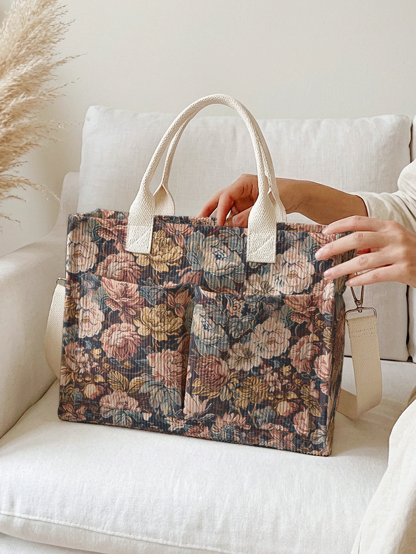 Vintage Floral Print Corduroy Tote Bag Large Capacity Multi Pocket Retro Flower Lover Commuter Shoulder Bag view 5