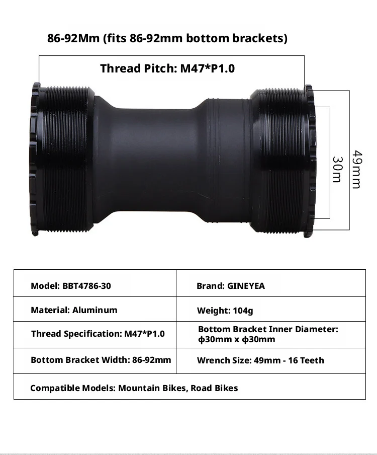GINEYEA T47 Innenlager mit Gewinde, Keramiklager, wasserdicht, 68/77/86 mm, 24/29 mm Achse für Rennrad, MTB, Gravelbike – Detail 4