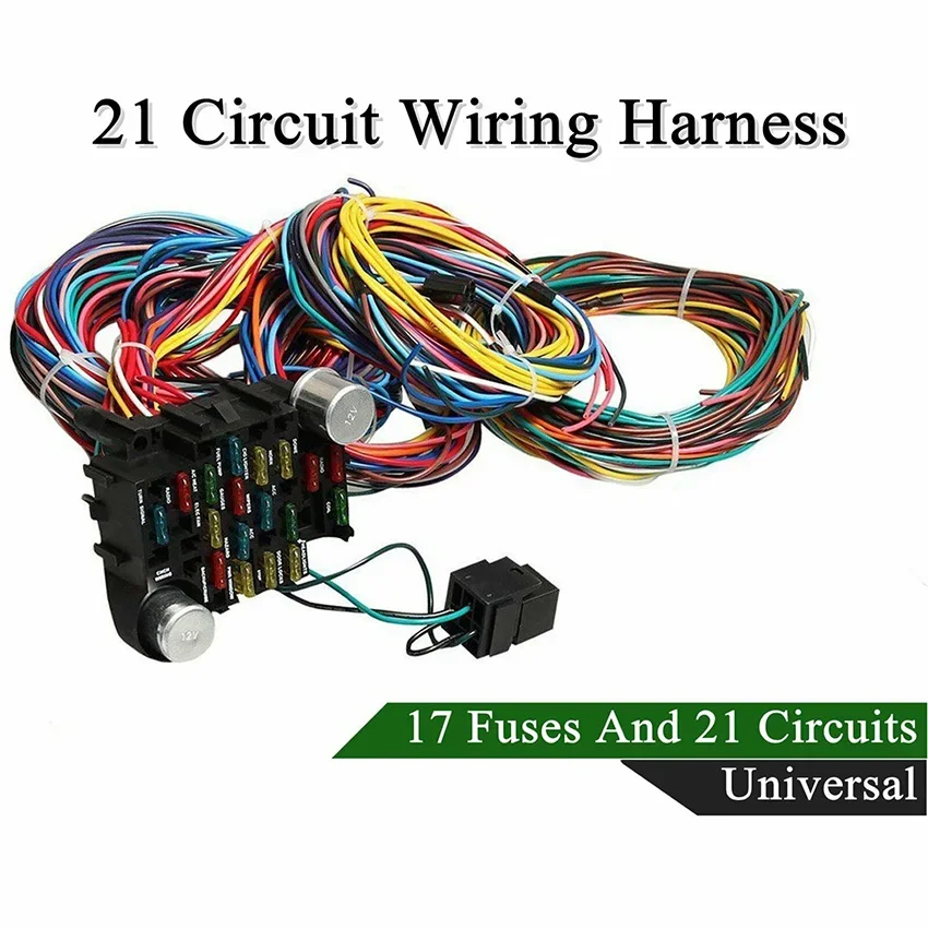 Universal 21 circuit fuse wiring harness for chevy mopar ford hotrods long wires