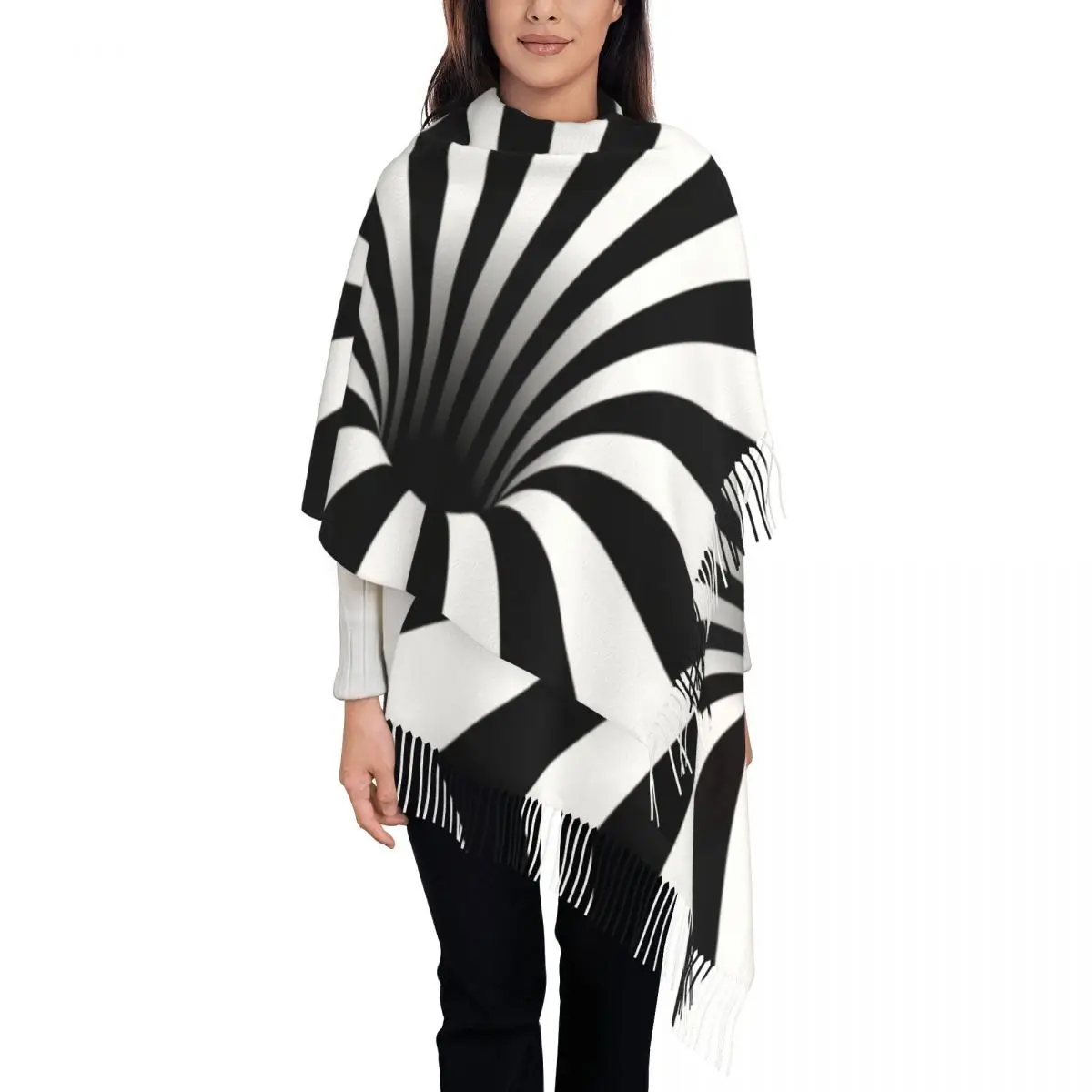 Abstract Black Hole Tassel Scarf Women Soft Optical Illusion Black And White Lines Shawl Wrap Lady Winter Fall Scarves