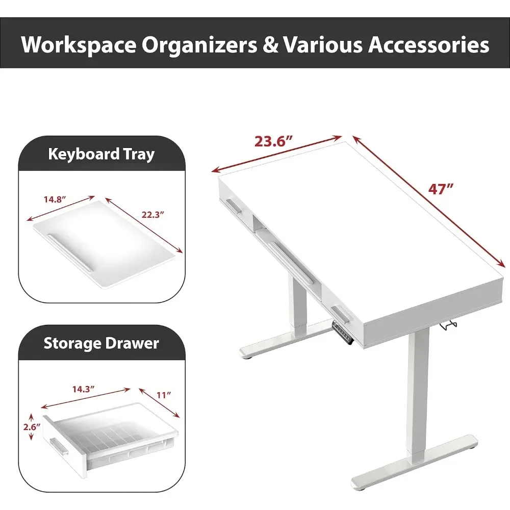 48-Inch Electric Height Adjustable Desk with Keyboard Tray and Two Drawers