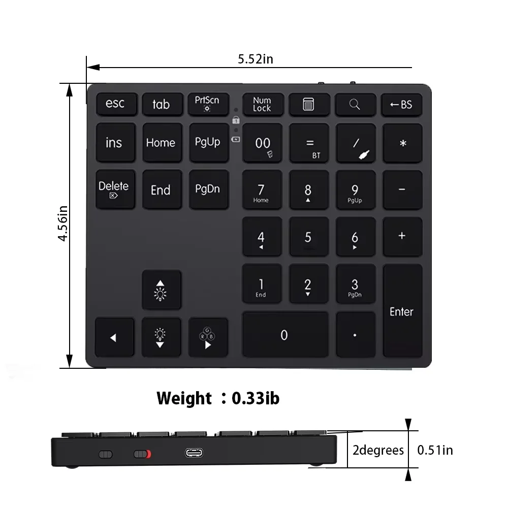 Backlight Wireless Numeric Keypad Bluetooth Numpad RGB Rechargeable 34-Key Numeric Keyboard External Numpad Keyboard Data Entry