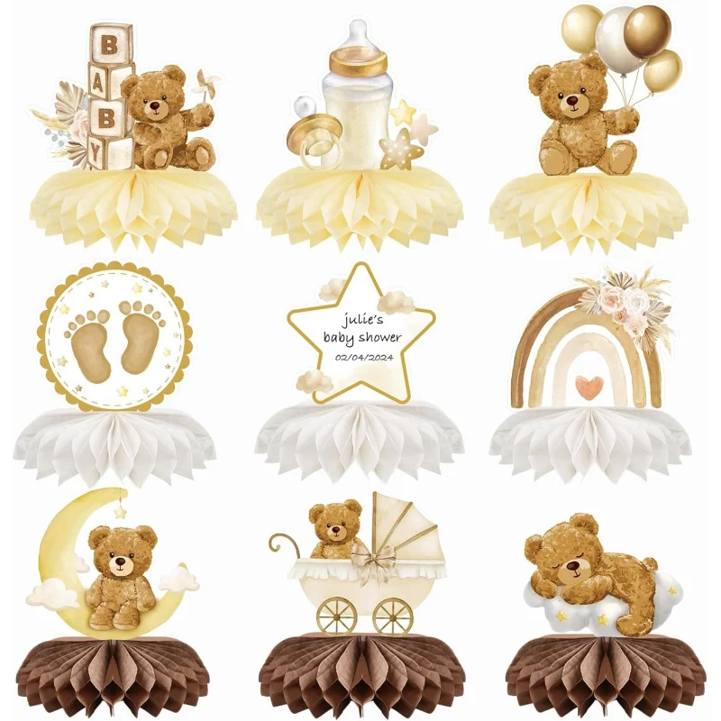 9 piezas de centros de mesa de decoración de ducha de bebé de oso, decoraciones de baño de bebé de esperamos ahuecados, centros de mesa de revelación de género