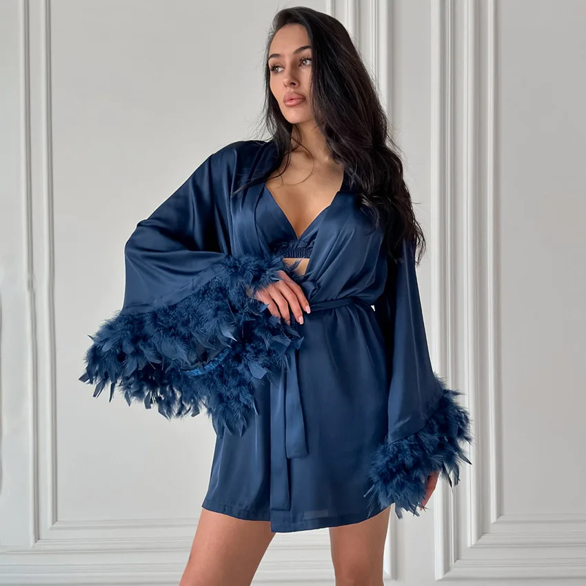 2026 Fashion Feather Patchwork Soft Sleepwear for Women Sexy Satin Camis+shorts+bathrobe Three Piece Set