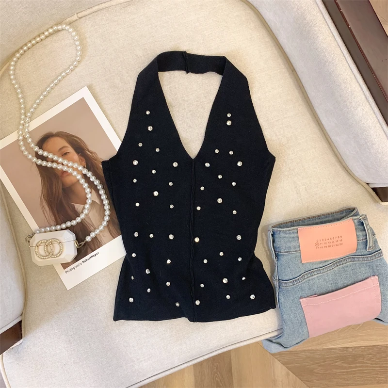Women Knit Vest 2026 Halter Neck V Neck Rhinestone Short Crop Sleeveless Sweater Sexy Elegant Casual Party Top Summer Black