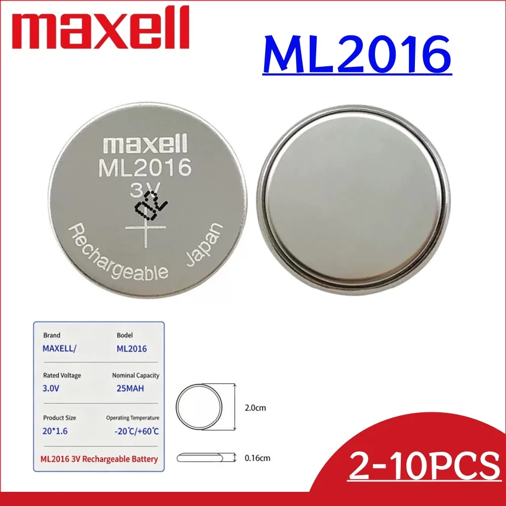 2-10PCS Original-MAXELL ML2016 Rechargeable Battery Can Replace CR2016 Photokinetic Kinetic Energy Rechargeable Battery