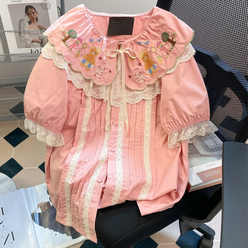 

Japanese Sweet Lolita Shirts Women Kawaii Bear Embroidery Doll Collar Puff Sleeve Blouses Women Cute Pink Lace Tops Blusas Mujer