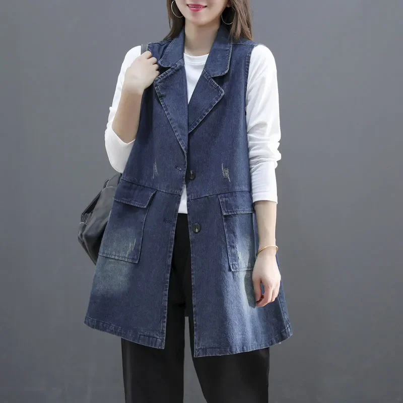 

Vintage Pocket Denim Vest Women Spring Autumn New Fashion Suit Collar Tops Sleeveless Jacket Female Loose Jean Waistcoat T1447