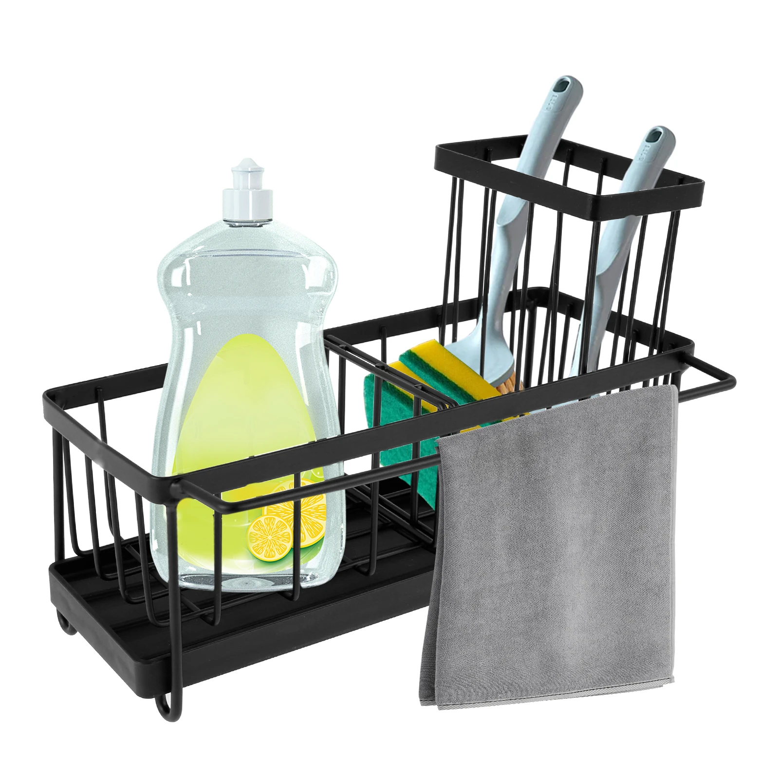 Sink Caddy Sponge Holder Carbon Steel Sink Caddy Organizer with Brush Holder and Adjustable Divider Rustproof Kitchen Sink