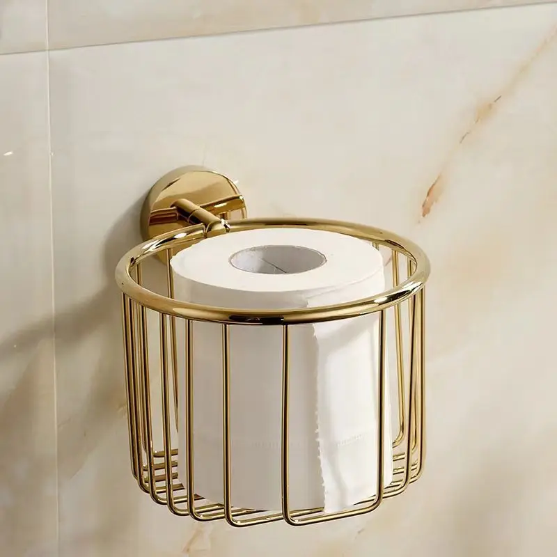 

All copper gold light luxury paper basket toilet tissue holder perforation-free toilet roll paper storage rack wall hanging pape