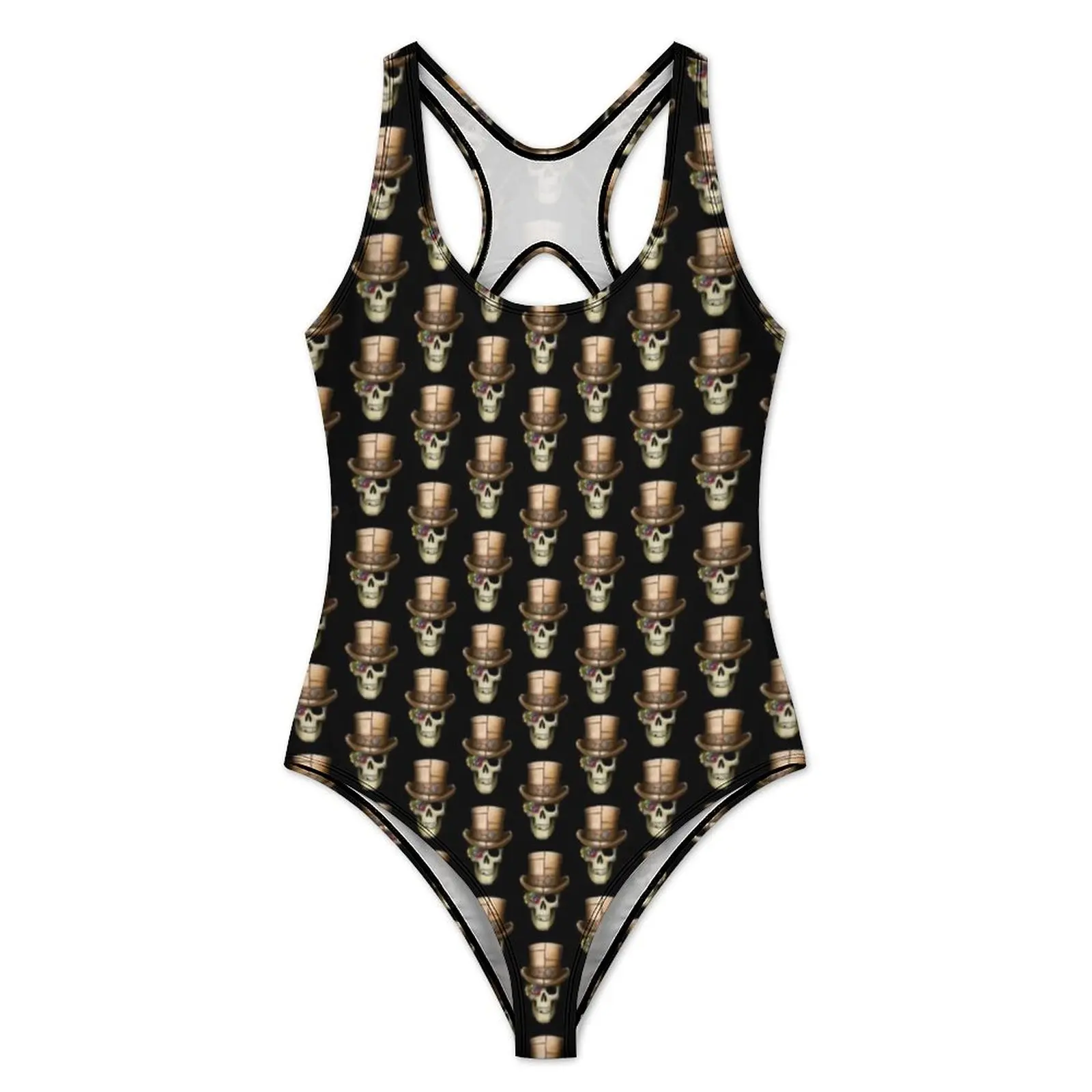 Steampunk Swimsuit Sexy Tri-colour Monocled Skull With Top Hat One-Piece Swimwear Push Up Bodysuit Modern Holiday Bathing Suits