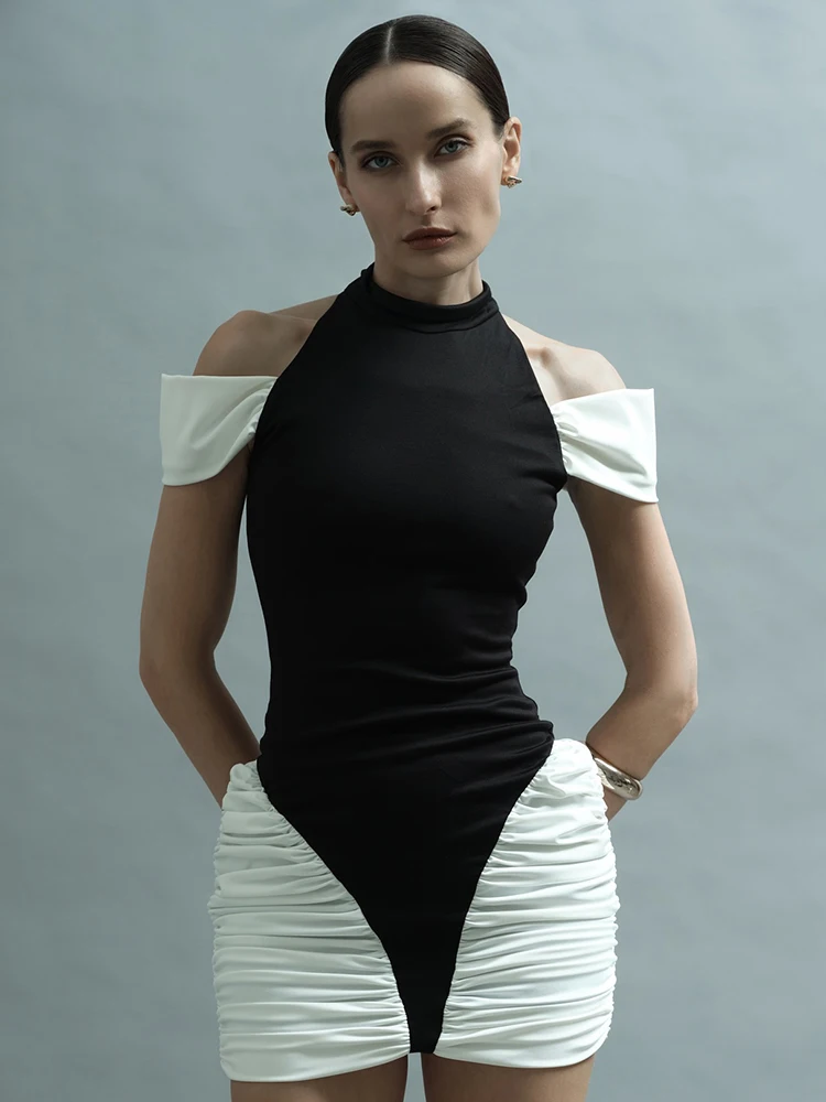 

Kliou Элегантное мини-платье с рюшами, женская контрастная водолазка с открытыми плечами, облегающее эластичное уличное модное платье в стиле Y2K, простое облегающее платье