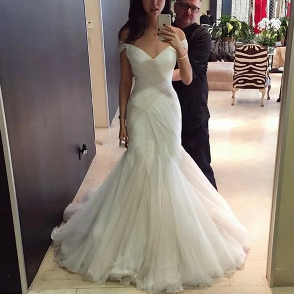 Einfache, maßgeschneiderte Meerjungfrau-Hochzeitskleider für Damen, schulterfreies, plissiertes, bodenlanges Tüll-Brautkleid mit V-Ausschnitt, Vestido de Novia