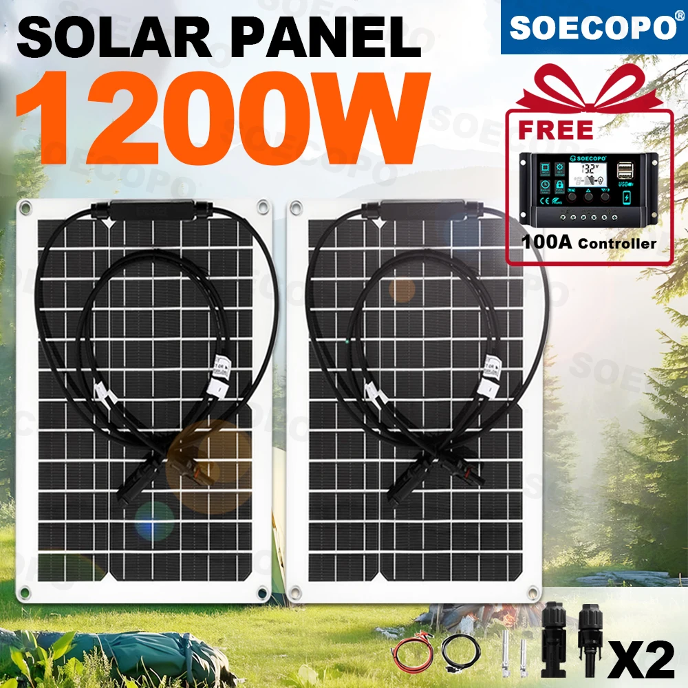

SOECOPO 1200W Portable Solar Panel Kit 2*600W Panels (MC-4 12V - 18V) for Camping with Free 100A Controller & USB 5V Charging