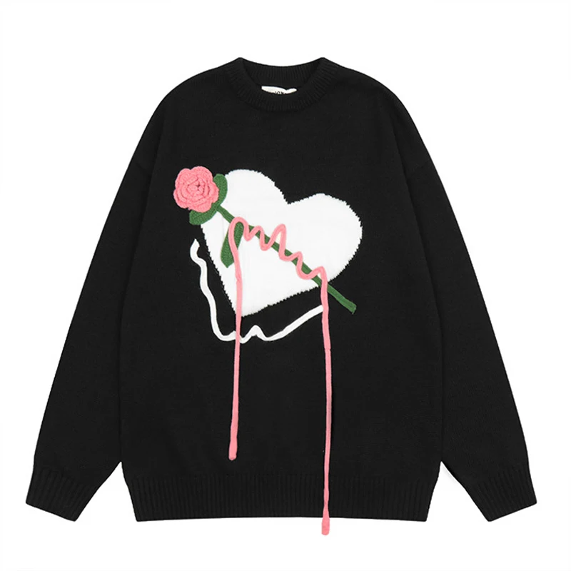 

Men Sweaters Rose Love Creative Graphic Streetwear Knitted Sweater Hip Hop Retro Pullovers Autumn Cotton Casual Sweater Hipster