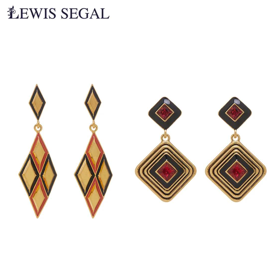 LEWIS SEGAL Red and Black Lozenge Frame Dangle Earrings for Women Luxury Medieval Style Fine Jewelry Enamel 18K Gold Plated