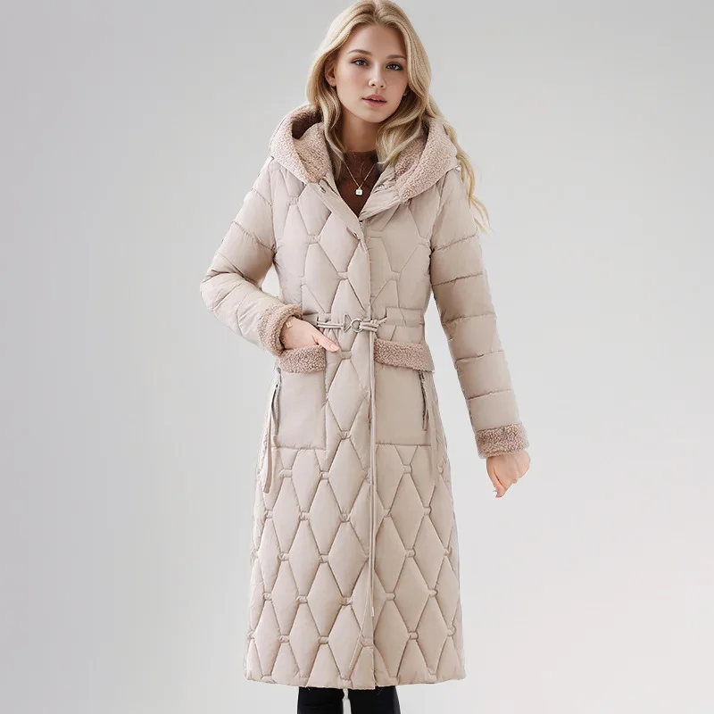 

Patchwork Winter Lady's Quilted Jacket Belted Waist-cinching Figure-flattering Female's Coat Long Lambswool Hood Coat For Women