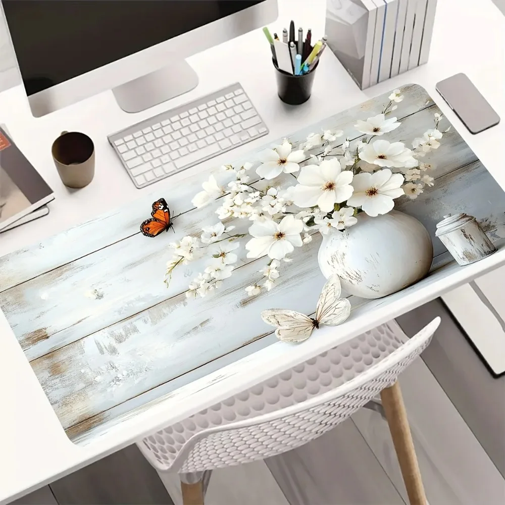 

1 Durable Gaming Mouse Pad with White Floral and Butterfly Design, Suitable for Home and Office Use, Non-Slip Desk Mat