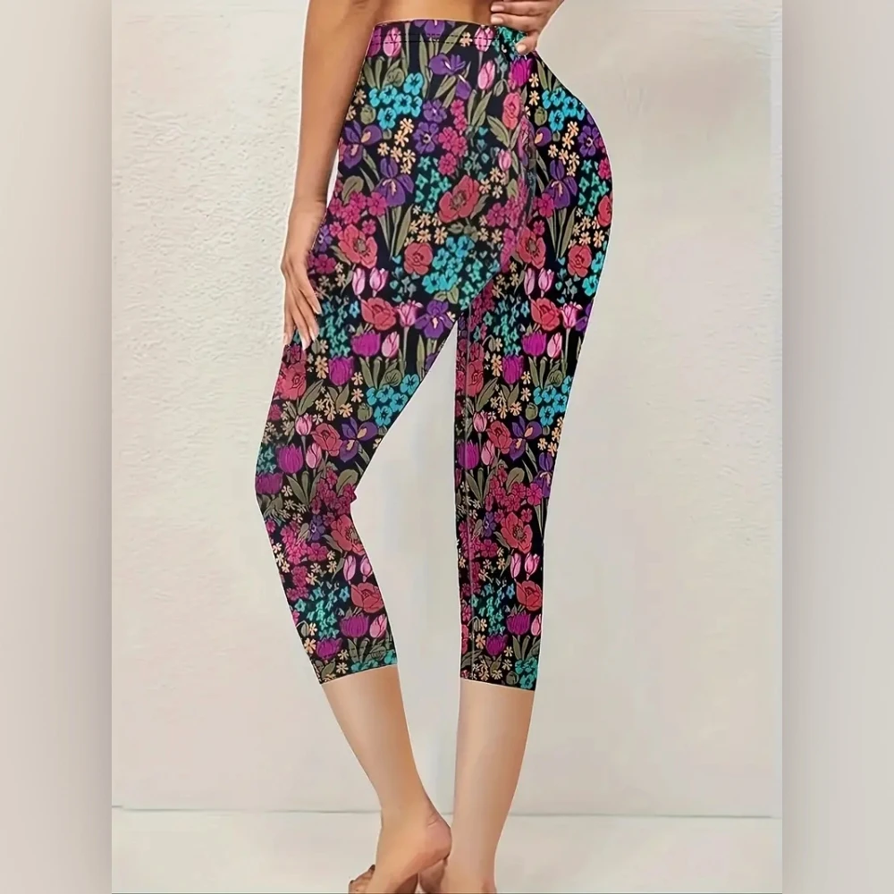 Floral floral print elastic elastic waist slim casual leggings for women