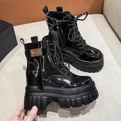 Women's High Platform Motorcycles Boots Winter 10CM Wedge Heels Warm Ankle Boots Chunky Sneakers New Autumn Leather Shoes Woman