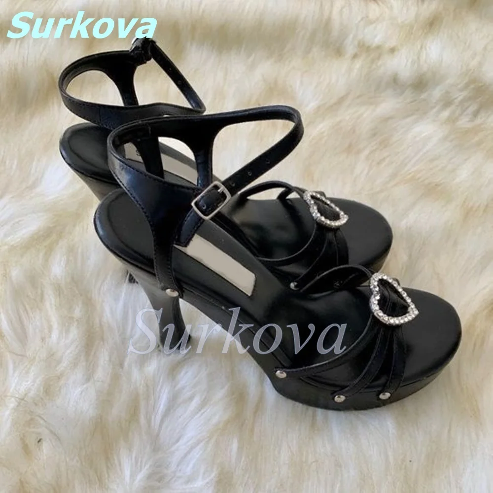 Heart Shaped Pin Buckle Heels Platform Rivet Thin High Heel Sandals Newest Fashion Sexy Summer Women Shoes Black Daily Stilettos