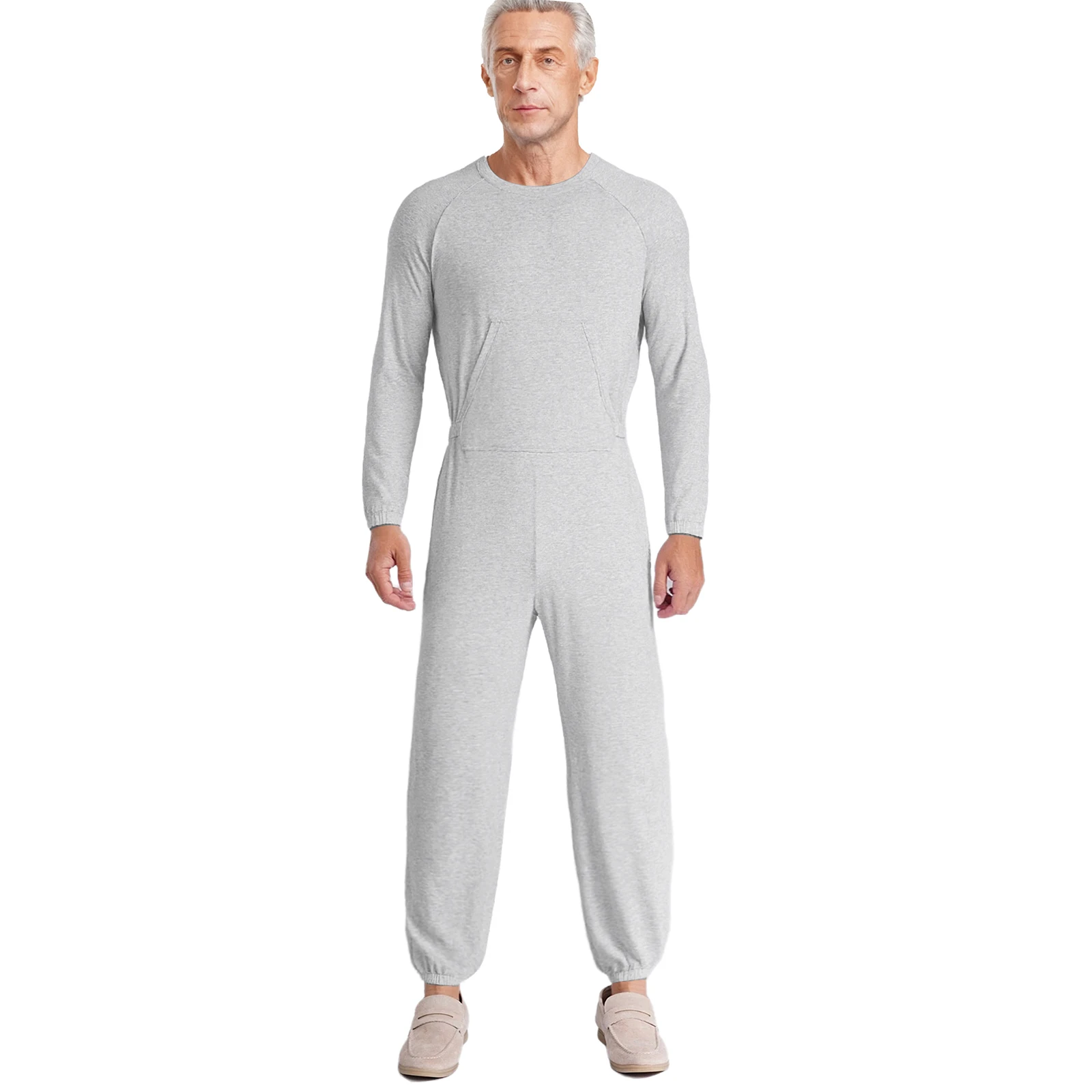 ชุดจั๊มสูทแบบปรับได้สำหรับผู้ชาย พร้อมดีไซน์ป้องกันการหลุดหลังและปลายแขนเสื้อยืดหยุ่น เสื้อผ้าที่ดูดีสำหรับผู้ป่วยอัมพาตสมอง ดูแลผู้สูงอายุ