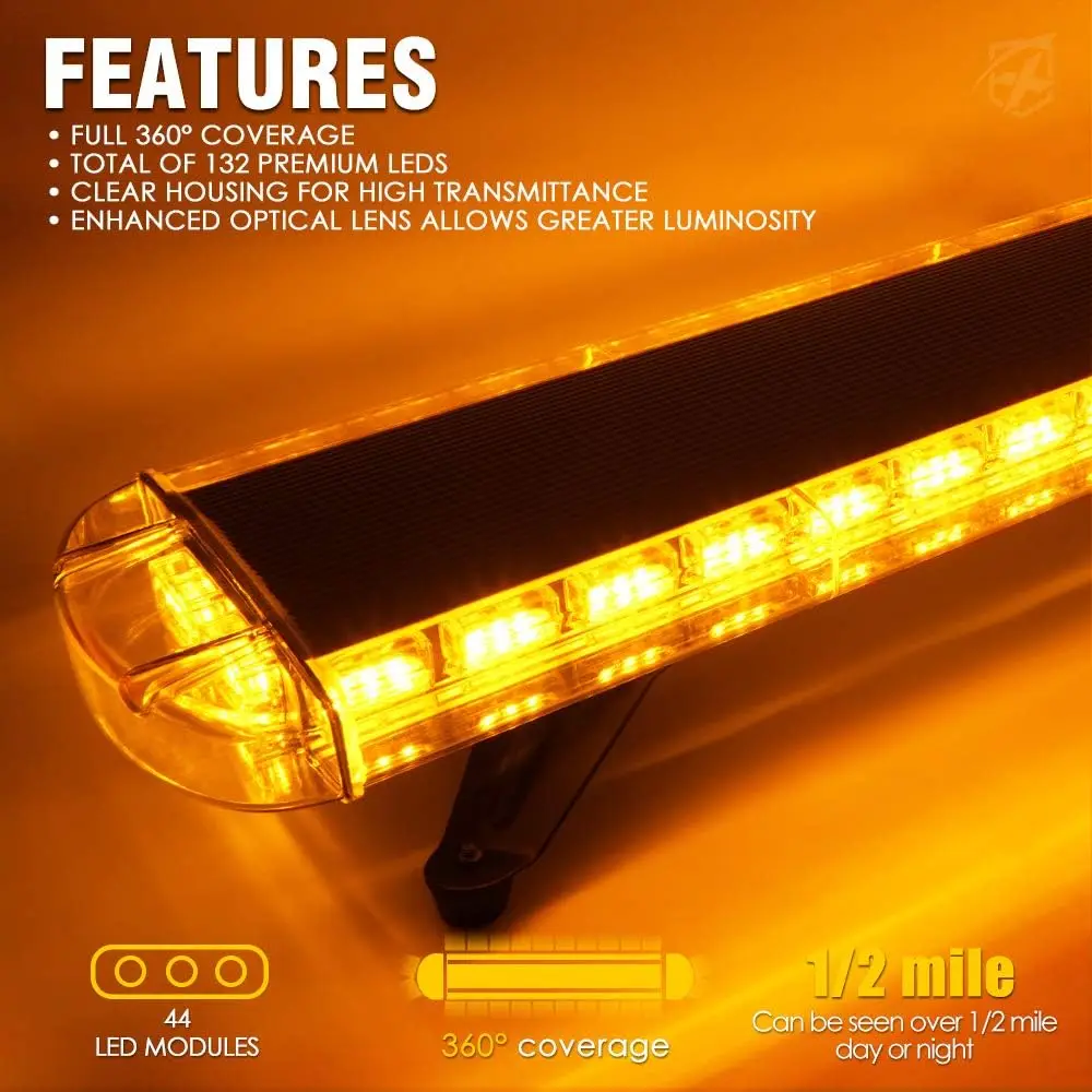 48 Inch  Amber Rooftop Emergency Warning Lights Bar 16 Strobe Patterns w/Adjustable Mounting Brackets for Vehicles, Se