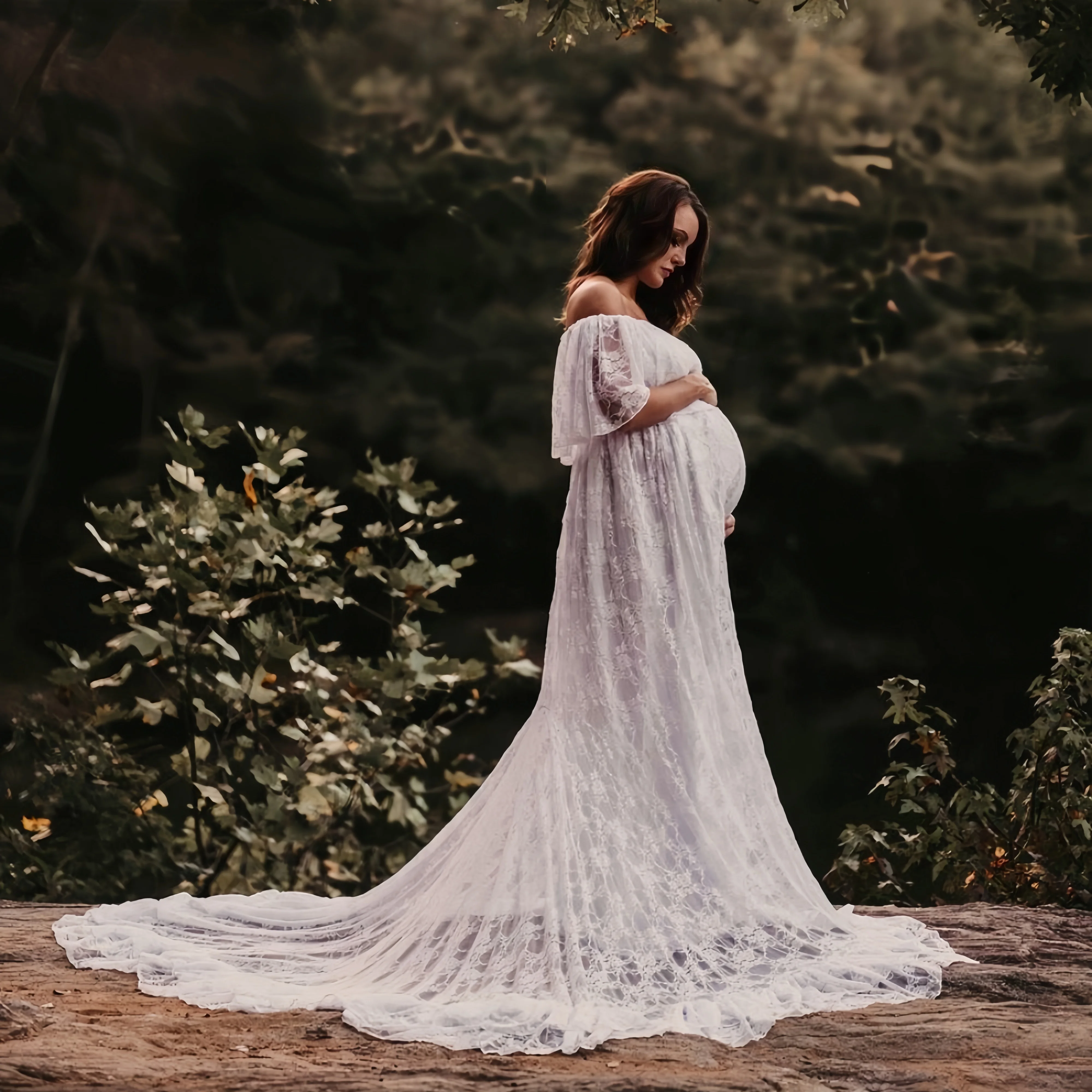 2025 Summer Lace Pregnancy Photo Shoot Long Train Dresses Slash Neck Maternity Photography Props Dress