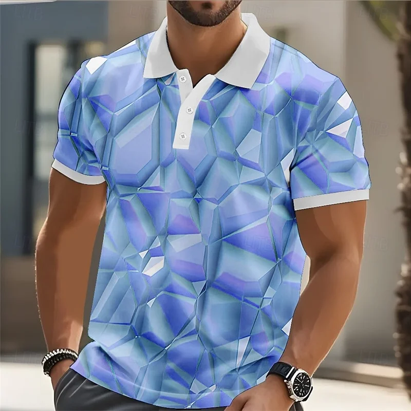 Men's Short Sleeved 3D Color Block Printed Polo Shirt Summer New Casual Street Wear Short Sleeved Lapel Polo Shirt Top
