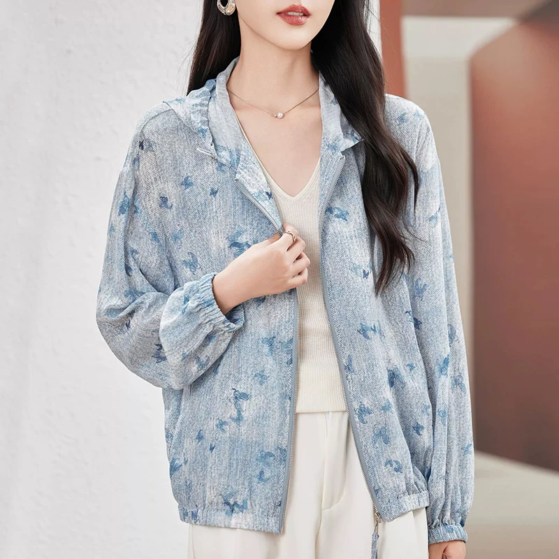 New 100% Real Silk Thin Coats Women Spring Summer 2026 Butterfly Print Elegant Jackets Long Sleeve Woman Casual Hooded Coat