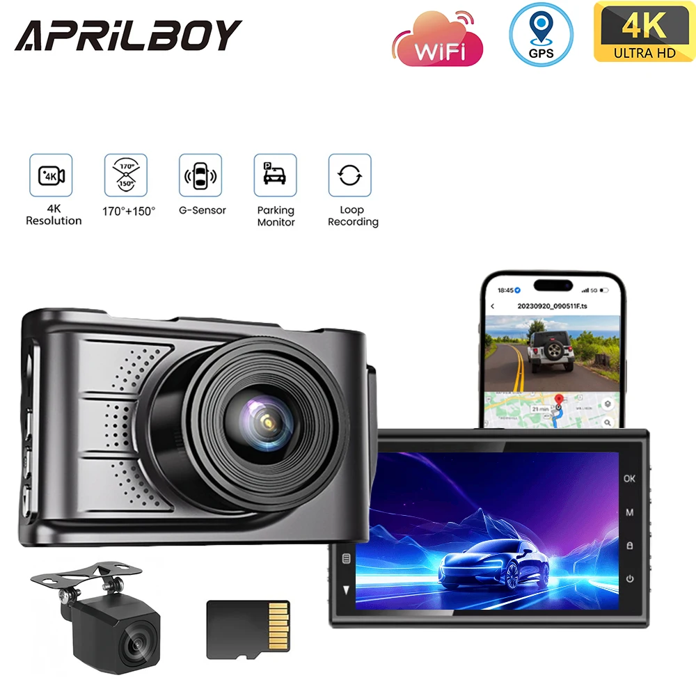 

Aprilboy 4K Dash Cam Front and Rear Camera CAR DVR Car Video Recorder Vehicle Black Box Support 24H Parking Monitor Night Vision