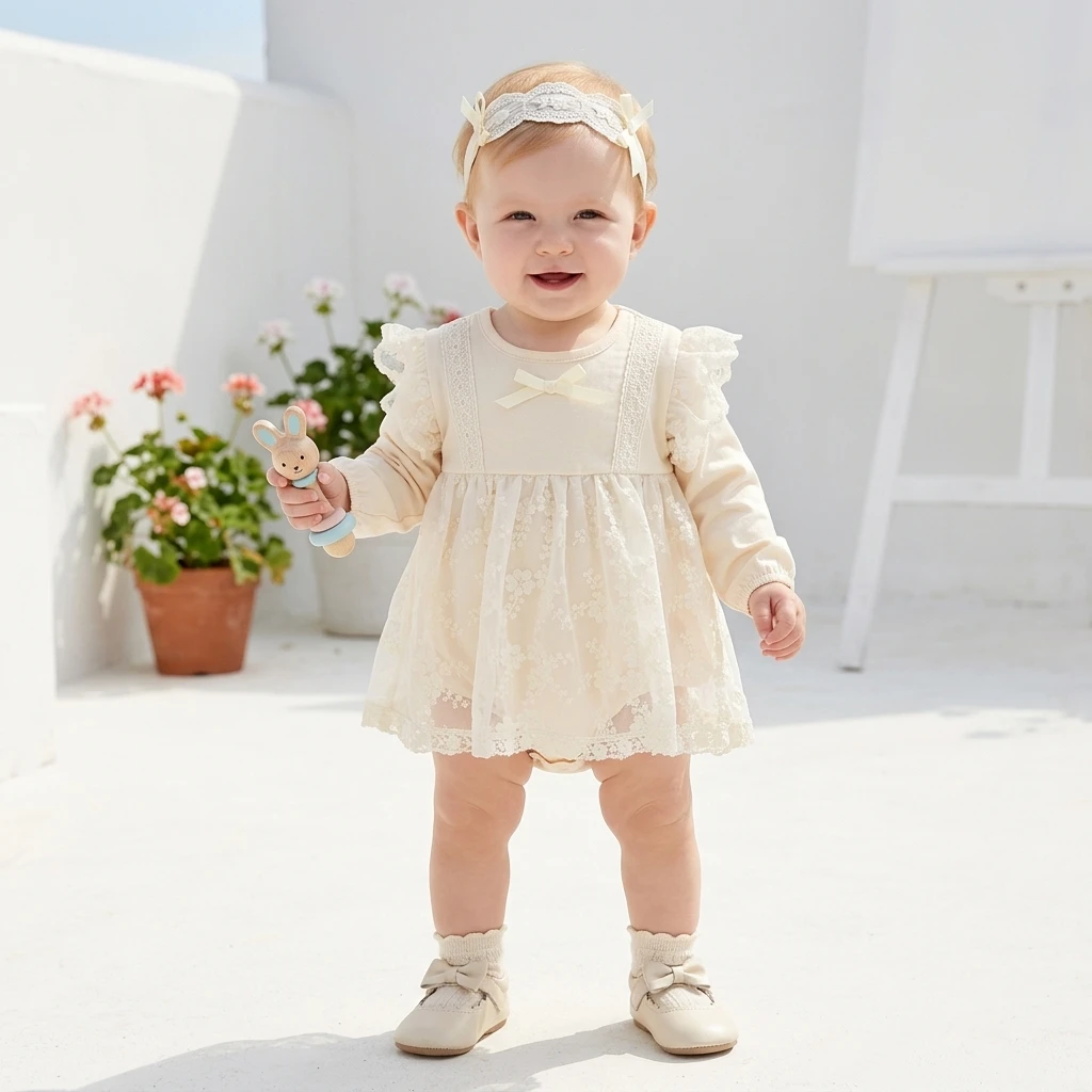 Autumn with Princess Bodysuits Lace Infants Baby Girls Headband Long Sleeve Clothing Cotton