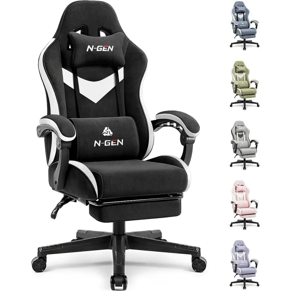 Breathable Fabric Gaming Chair, Reclining Backrest, Adjustable Armrests, Lumbar Support with Footrest for Home Office, Black