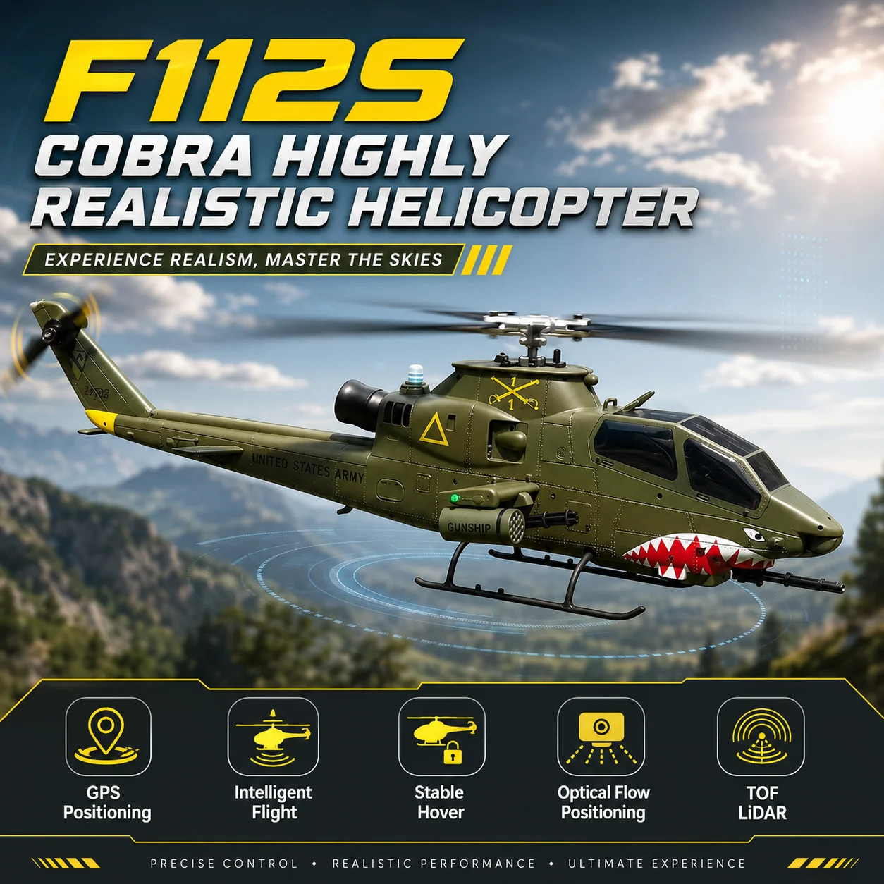 F112S Cobra Classic Realistic Scale RC Helicopter - Smart GPS Positioning, Auto Return & Altitude Hold Electric Model Helicopter