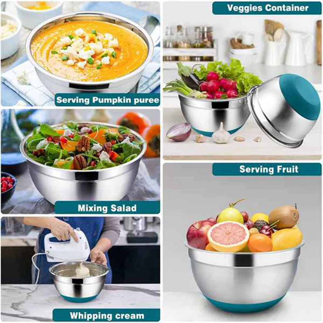 

A68G-Миска для смешивания, Салатница из нержавеющей стали с герметичной крышкой и нескользящим дном, Штабелируемая миска, для кухни, приготовления пищи, выпечки и т. д.