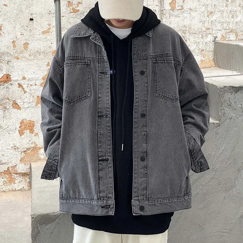 

Retro Japanese Sle Faded Denim Jaet ex Loose Casual Versatile Couple Workwear Outerwear Long Sve Button Closure