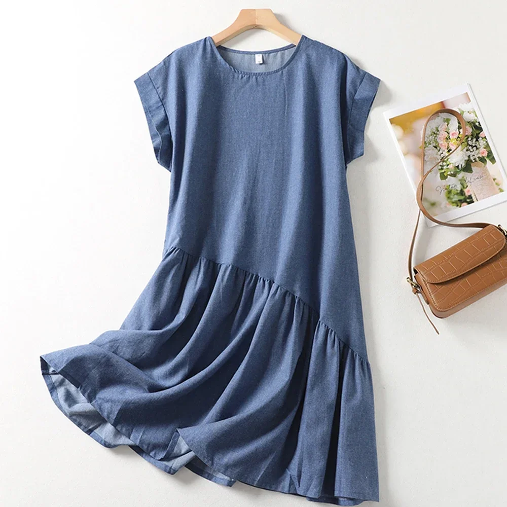 

Solid Color Round Neck Thin Soft Denim Dress Women's 2024 New Korean Style Design Sense Loose Plus Size Casual Dress CY452