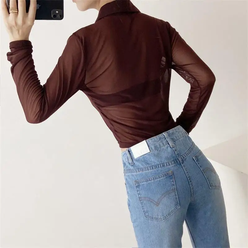 Summer Sexy Women Shirts See Through Transparent Mesh Tops Long Sleeve Slim Ladies Blouse Crop Top 2022