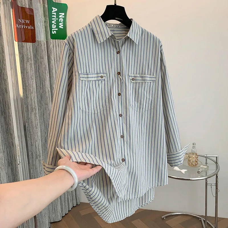 

Свободный крой из чистого хлопка в полоску, длинный свеч irt, женский повседневный лоскутный отложной воротник, весна-осень, корейский Sle, большие размеры