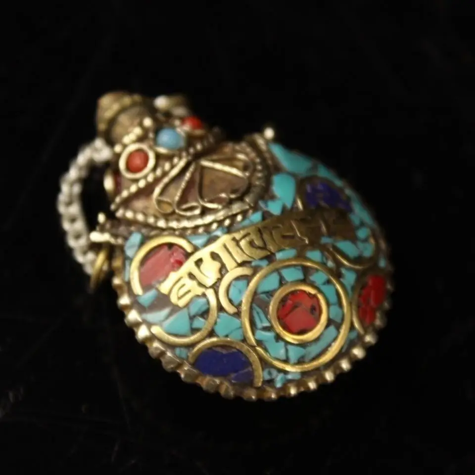 Vintage Tibetan Solid Copper Snuff Bottle, Fully Handcrafted Inlaid with Gemstones