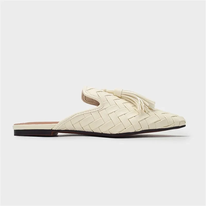 Summer 2023 Tassel Fringe Casual Flats Weave Slippers Mules Slides Hollow Out Bohemia Shoes Outdoor Women Woven Flip Flops