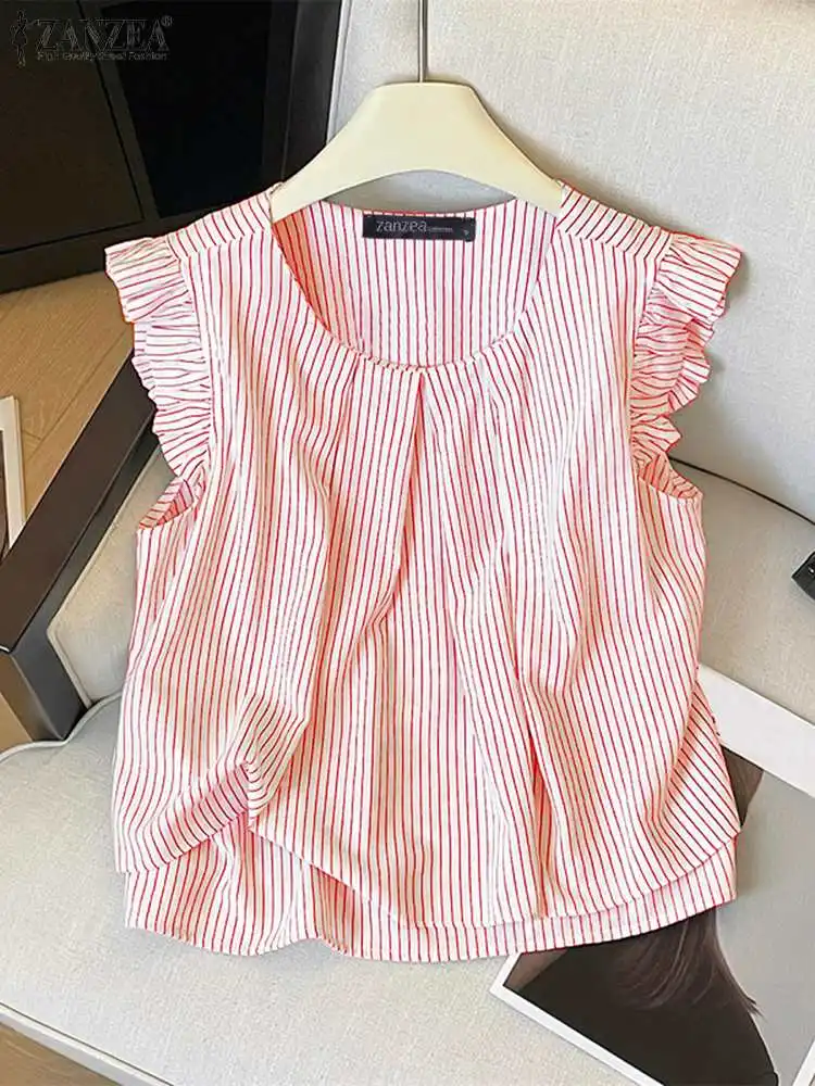 ZANZEA Fashion Round Neck Tank Top Women Stripe Camis Korean Sweety Ruffle Sleeveless Tanks 2024 Summer Casual Loose Office Vest