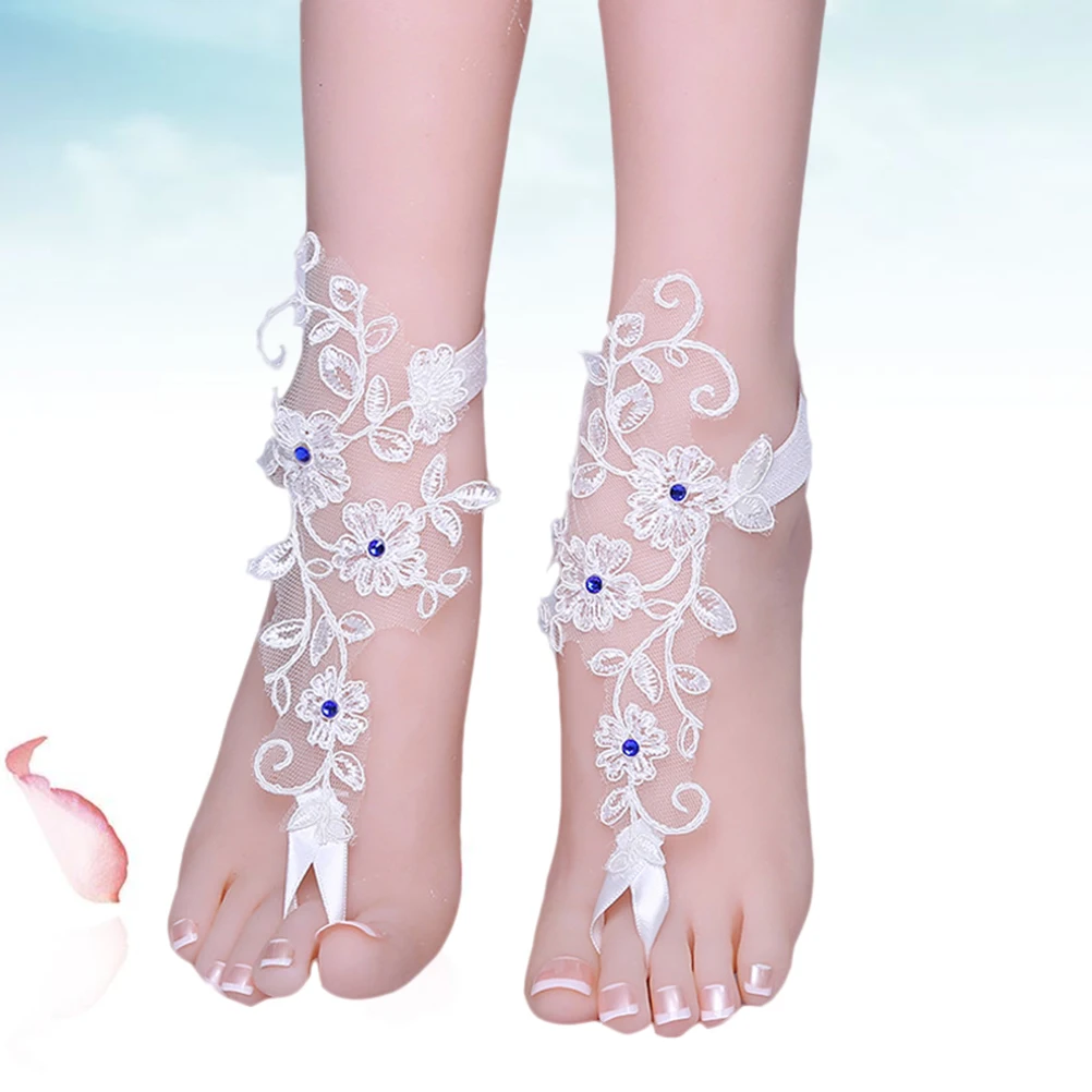 

Elegant Lace Anklets Women Crochet Barefoot Bridal Wedding Party Decorative Foot Chains Rhinestone Bangle Lightweight Summer