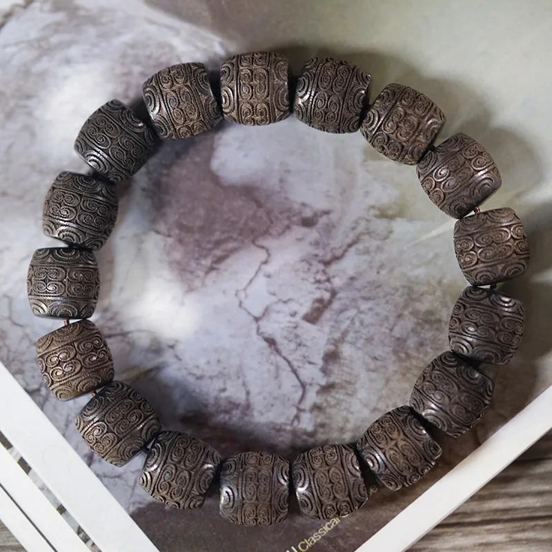 Natural Bodhi Chess Agarwood Carved Single Loop Spiral Cloud Straight Cut Barrel Bead Unisex Collectible Jewelry