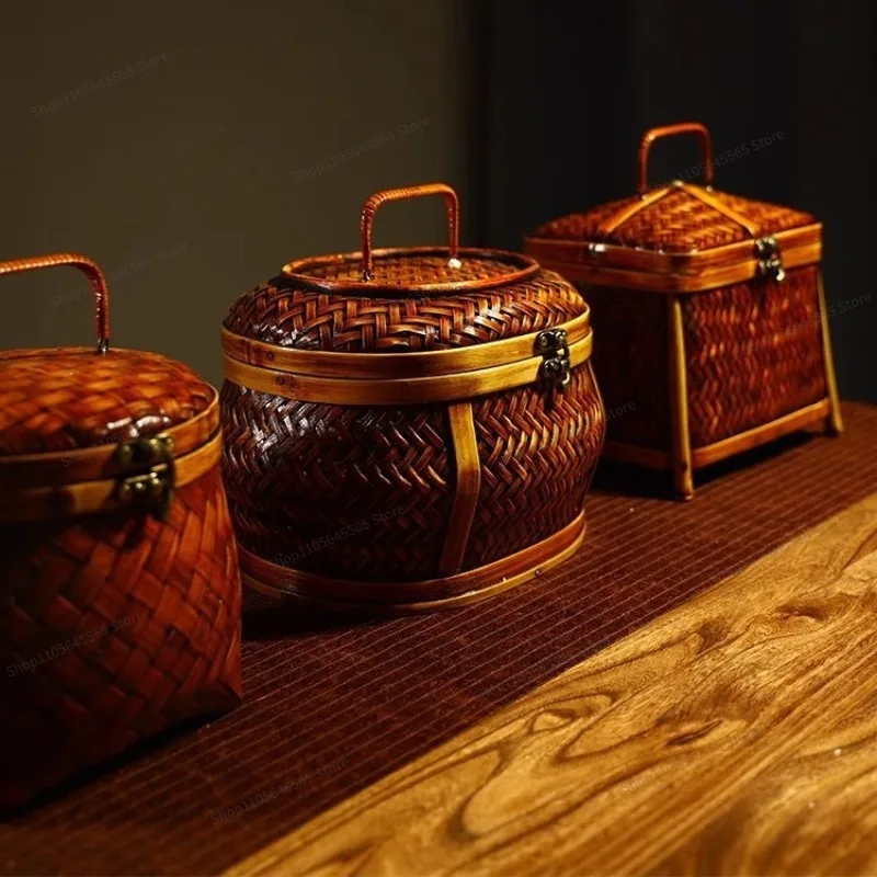 For old bamboo woven storage box jewelry box basket antique homestay tea room desktop ornament