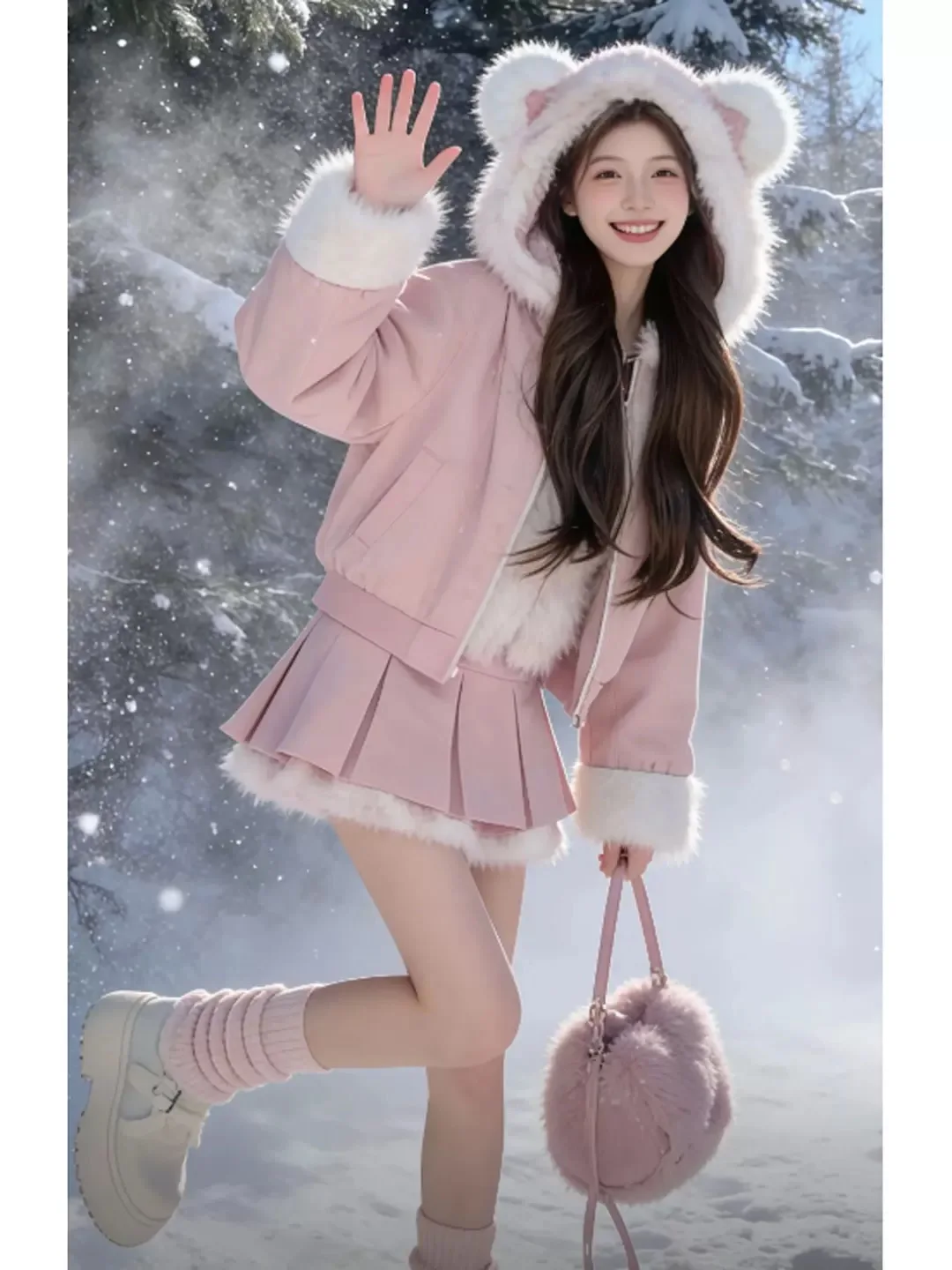 

Sweet Pink Fur Collar Skirt Set Winter High Waist A-Line Dress Two-Piece Suit Warmth Fashionable Short Sleeve Zipper Closure