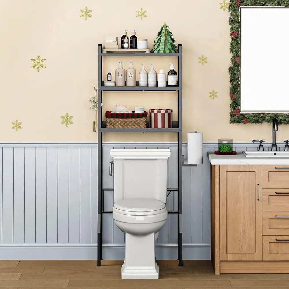 

Трехуровневый регулируемый черный металлический органайзер для ванной комнаты (21.6–26.8 дюймов), не требует сверления, экономит место, с держателем для бумаги и 4 крючками