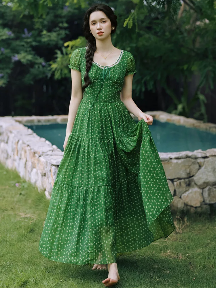 84-96cm Bust Summer Green Dresses Women French Vintage Cottagecore Floral Print Long Dress Elegant Waist-Cinching Vacation Dress