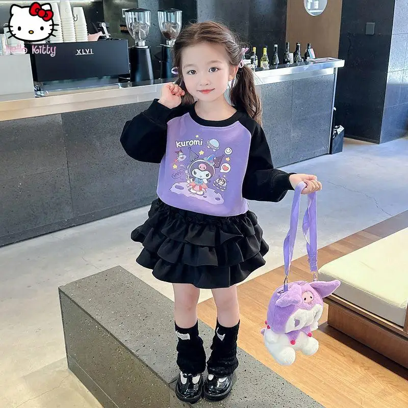 

Anime Kuromi Girls T Shirt Cake Skirt Suit Cartoon Spring Autumn Kawaii New Sanrio Long Sleeved Sweatshirt Puffy Skirt Sweet